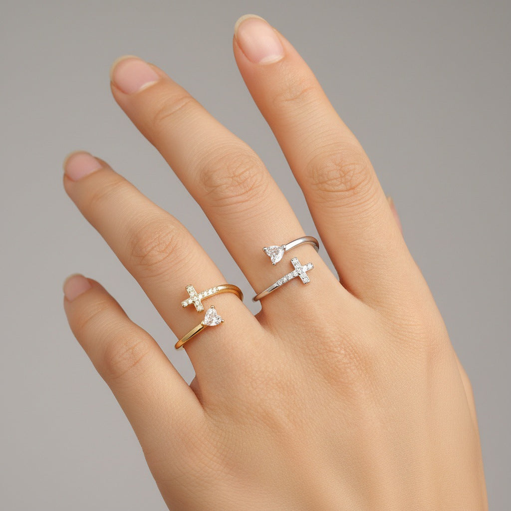 Heart-shaped cross open ring