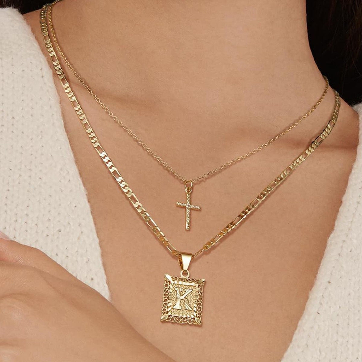 Layered Letter and Cross Pendant Necklace Set
