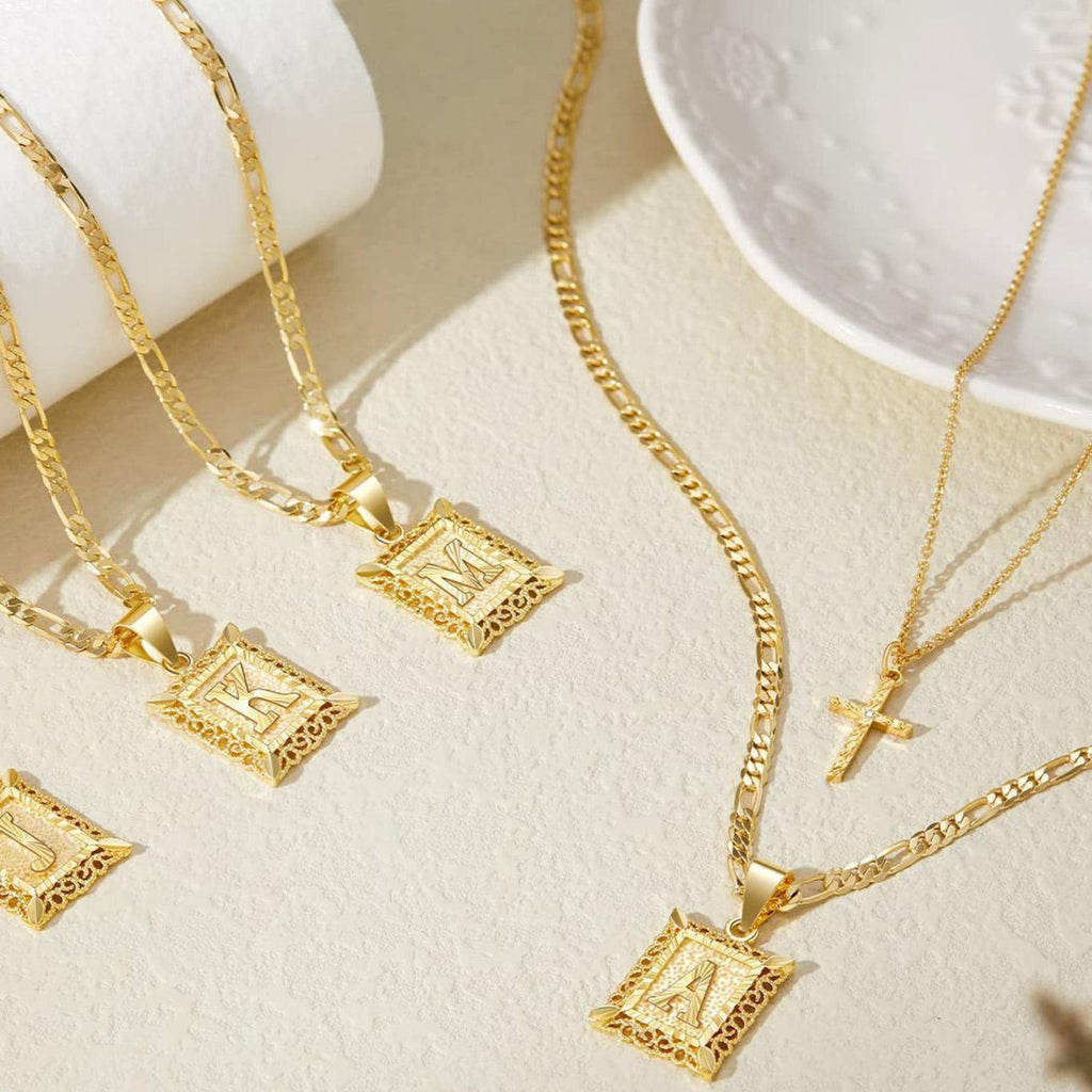 Layered Letter and Cross Pendant Necklace Set