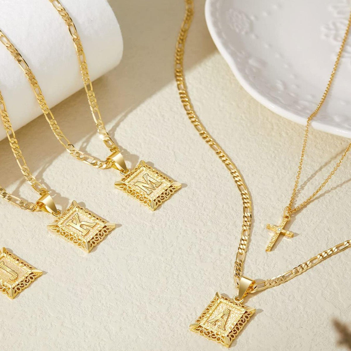 Layered Letter and Cross Pendant Necklace Set