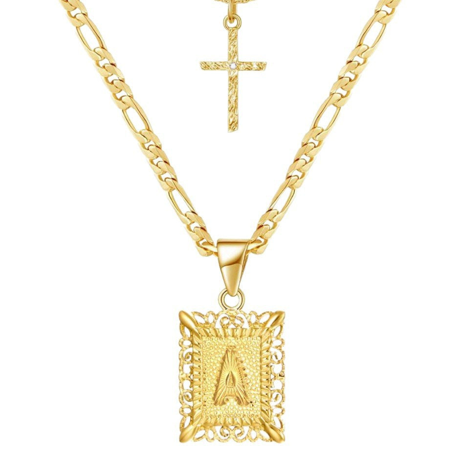 Layered Letter and Cross Pendant Necklace Set