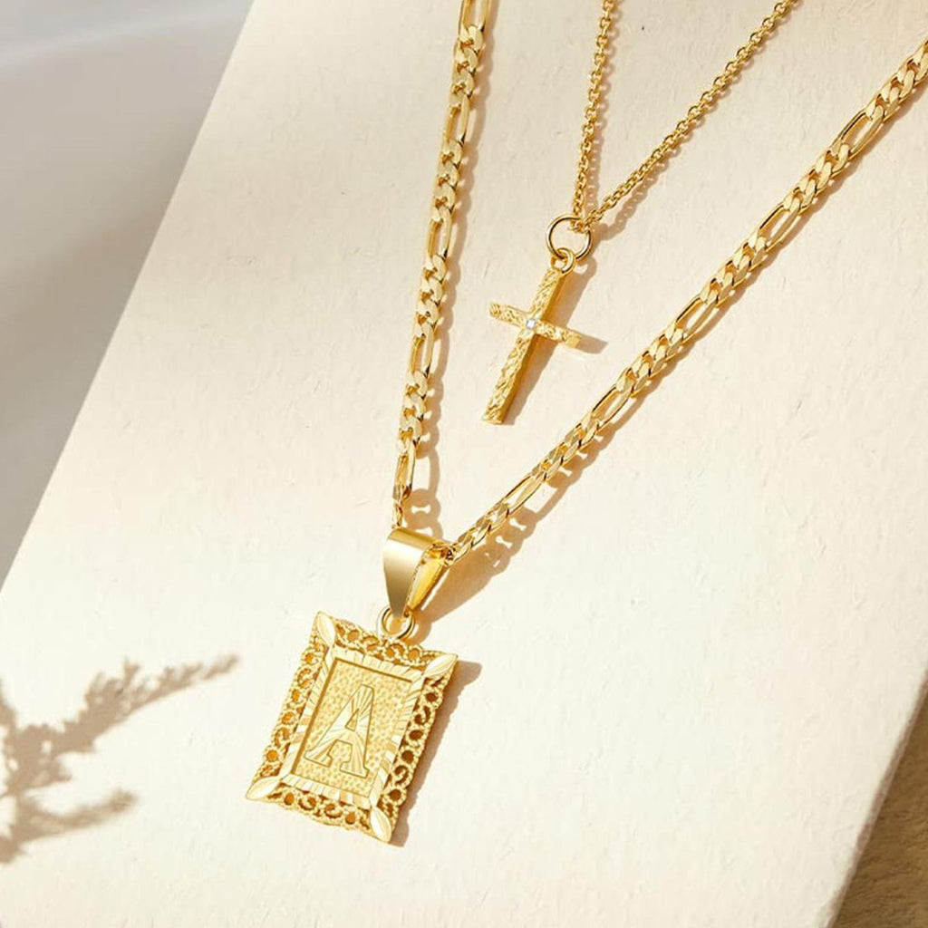 Layered Letter and Cross Pendant Necklace Set